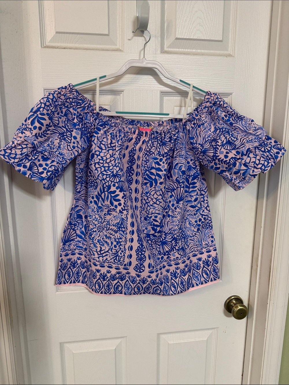 Lilly Pulitzer Pink Off-Shoulder Top with Blue Floral Print